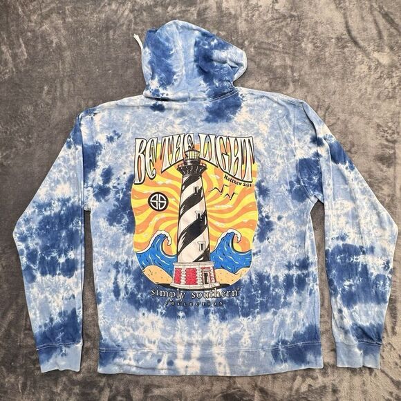 Simply Southern Sz XL BE THE LIGHT Blue Tie Dye Hoodie T Shirt Lighthouse Cotton - Picture 8 of 14
